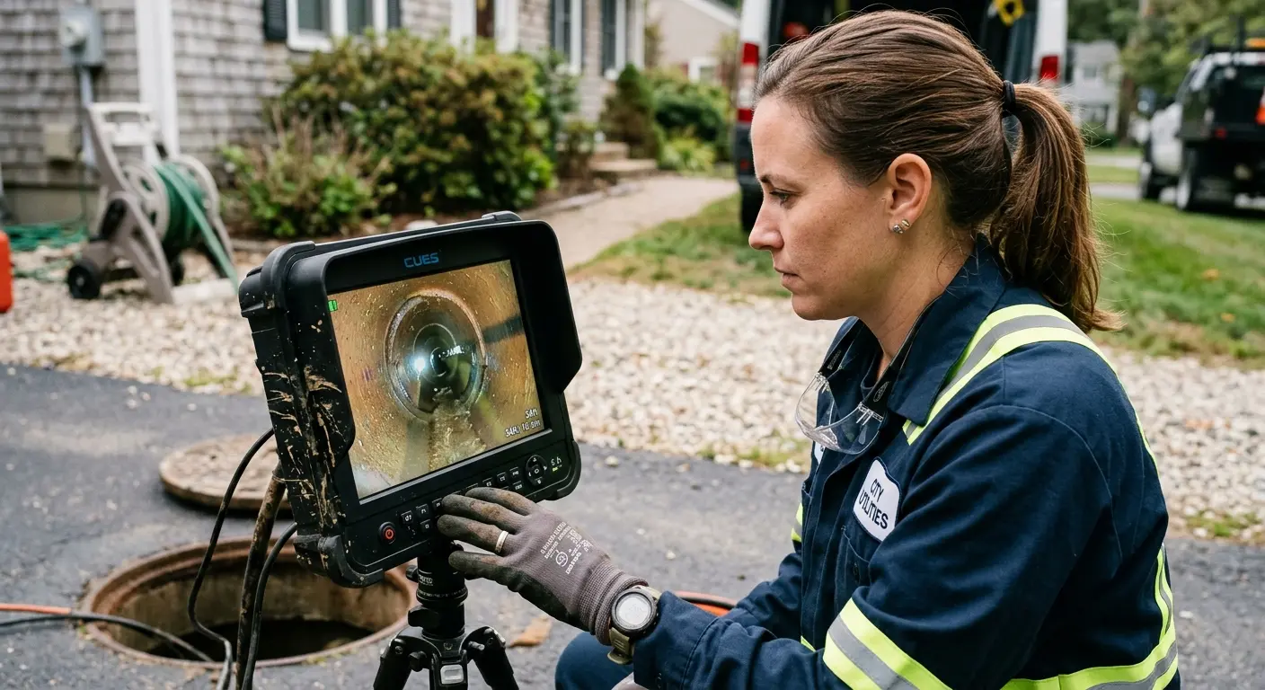 Technician reviewing sewer camera inspection footage in Erie