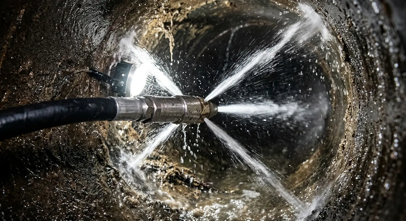 High-pressure hydro jetting nozzle cleaning sewer pipe for Emergency Drain Service in Erie