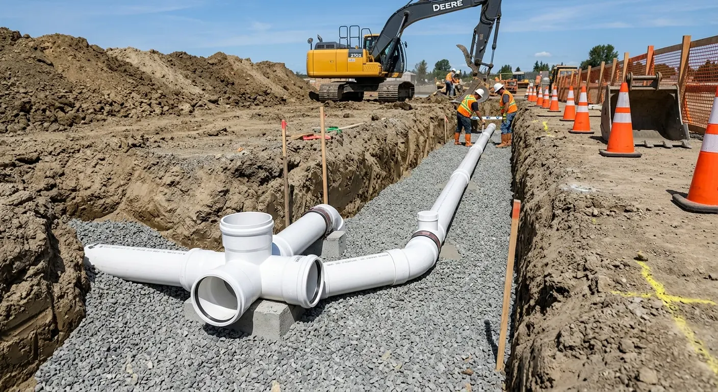 New PVC sewer pipe installation in open trench for Commercial Drain Cleaning in Erie
